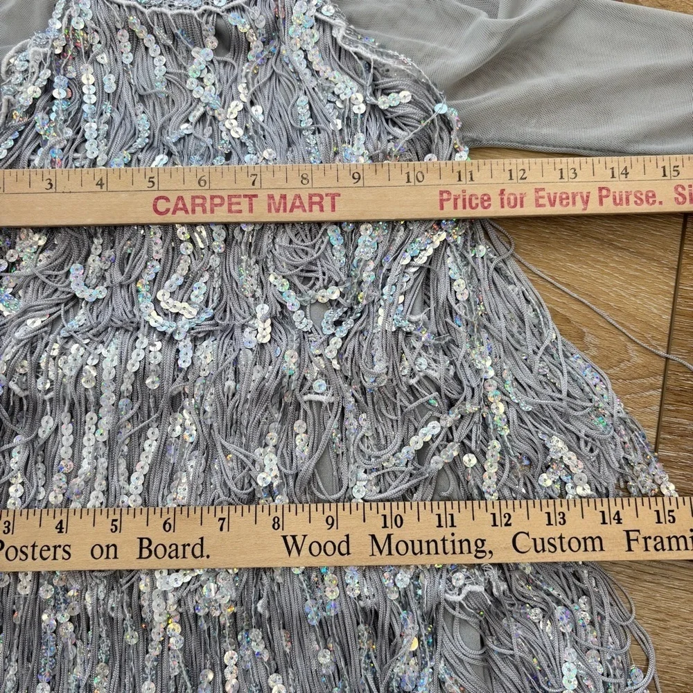 Weissman Silver Fringe Sequined Dance Skating Dress Costume size MC Flapper Tap
